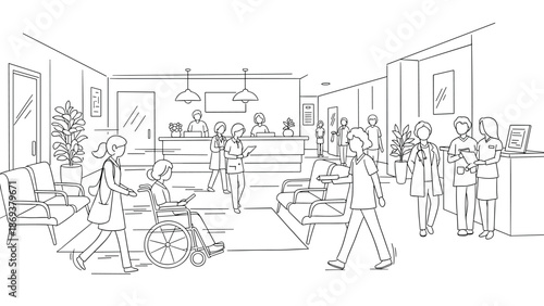 Busy hospital lobby scene with medical staff and patients in line art style