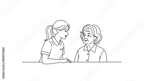 Caring nurse supports elderly woman with kind conversation in linear style