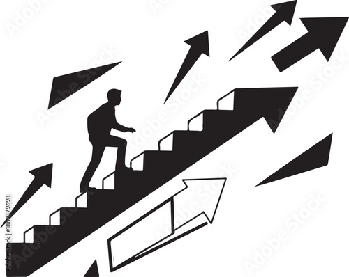 Man climbing stairs with upward arrows around him ascending