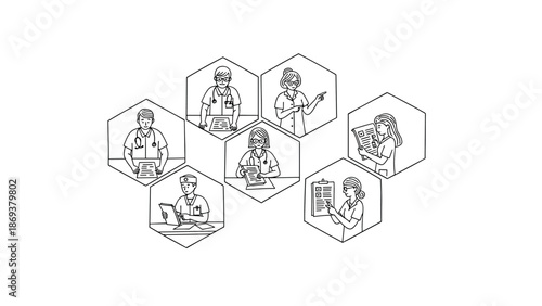 Medical team collaboration in hexagonal frames: doctors discussing reports in linear style