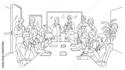 Medical team meeting: discussion and collaboration in healthcare setting