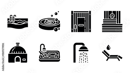 Relaxation icons: spa, sauna, hot tub, and more in minimalist black
