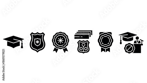 Graduation caps and badges icon set for education and achievement themes