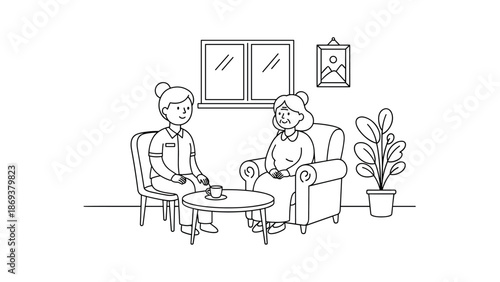 Friendly home care scene: minimalist style with elderly woman and caregiver