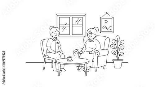 Friendly conversation between caregiver and elderly woman in cozy room