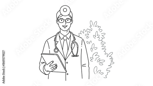 Smiling doctor in lab coat with stethoscope and tablet in hand, black outline