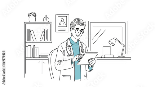 Professional male doctor using tablet in office setting with modern decor