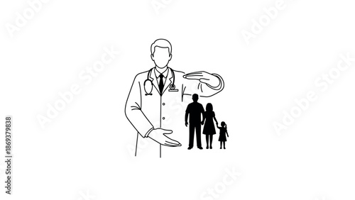 Linear doctor silhouette cares for family in minimalist design