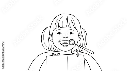Dental checkup for children in outline style with smiling young girl