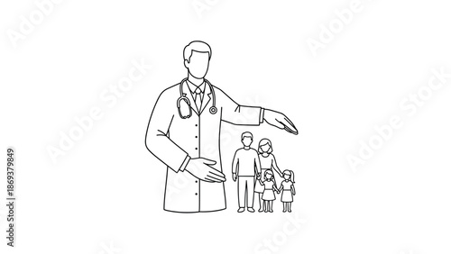 Outline of doctor protectively surrounding happy family in minimalist style