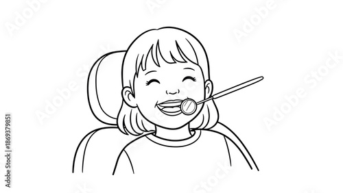Smiling child at dentist checkup with dental mirror in black and white outline