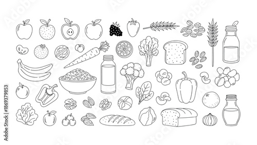 Healthy foods outline collection featuring bread, vegetables, fruits, and nuts