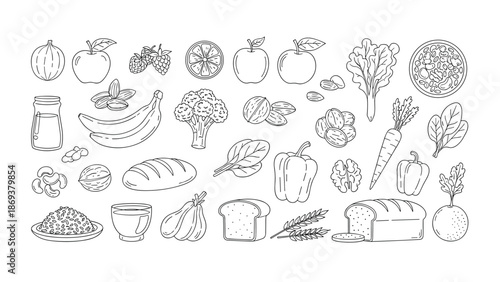 Assorted hand drawn food elements including fruits, vegetables, grains, and nuts