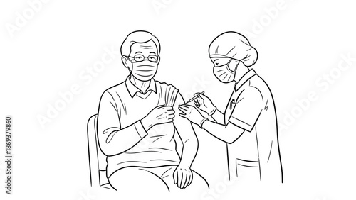 Healthcare worker administering vaccine to elderly patient in line art style