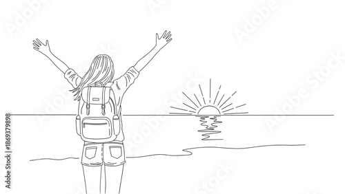 Minimalist line art of traveler enjoying sunrise by the sea