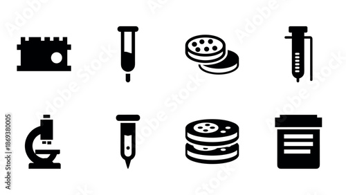 Medical laboratory equipment icons set in black and white silhouette style