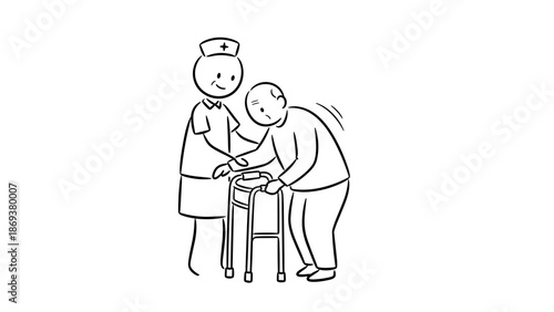Caring nurse assisting elderly man with walker: heartwarming healthcare scene