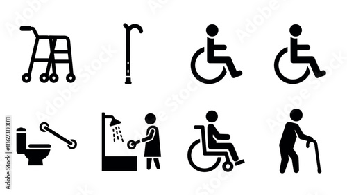 Accessible aids icons: mobility, wheelchair, and elderly support symbols