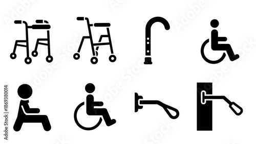 Accessibility equipment symbols: rollators, wheelchairs, canes, and handrails