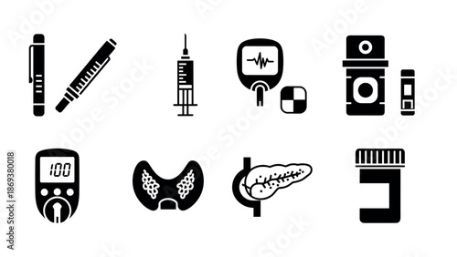 Medical equipment icons for diabetes and endocrine health awareness