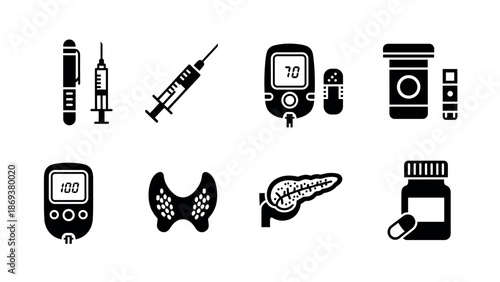 Medical equipment and health icons featuring diabetes and endocrine system in black and white
