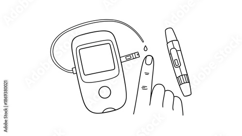 Blood sugar testing kit with glucometer and lancet in linear style