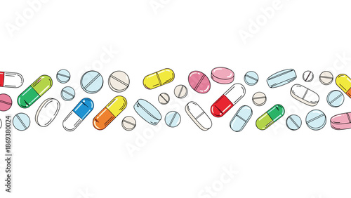 Colorful seamless pattern of various pills and capsules on white background
