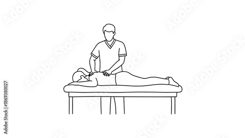Chiropractic care: linear illustration of therapist and patient on therapy table