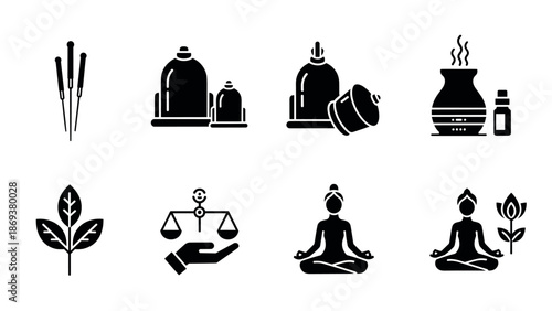 Holistic wellness icons: acupuncture, meditation, aromatherapy, herbal balance