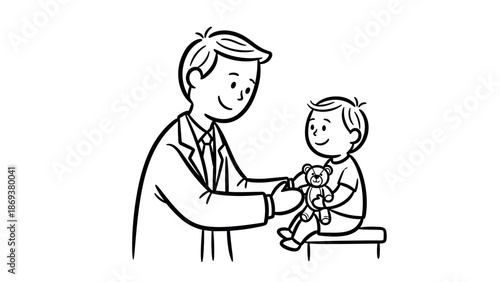 Doctor with child and teddy bear: heartwarming medical care drawing