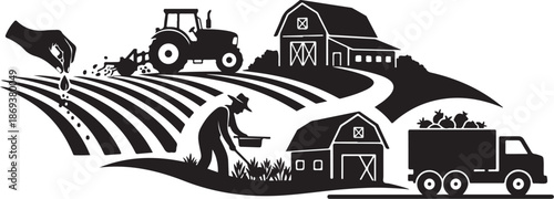 Farmer working in field with tractor and barn landscape