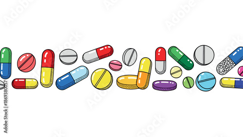 Colorful capsule and tablet pattern in doodle art style on white background