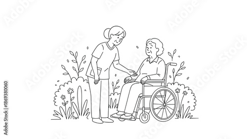 Caring nurse assisting elderly woman in garden setting