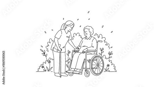 Caregiver assisting elderly woman in wheelchair at park in linear style
