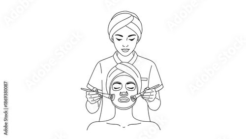 Spa facial treatment: aesthetic techniques in black and white line art
