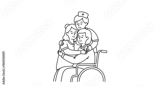 Caring connection: nurse supporting elderly couple in wheelchair