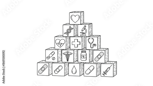 Medical symbols on wooden blocks in linear pyramid arrangement