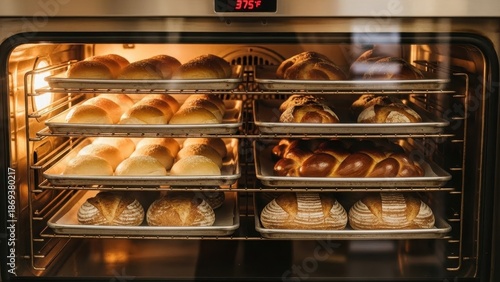Warm freshly baked artisan loaves and rolls rise perfectly inside a professional commercial bakery