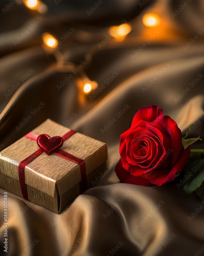 Fototapeta premium luxury gift box on silk fabric with red rose in warm candlelight. elegant valentine product mockup