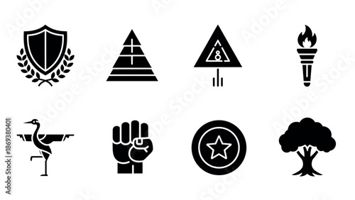 Minimalist icon set featuring geometric symbols and silhouettes in black