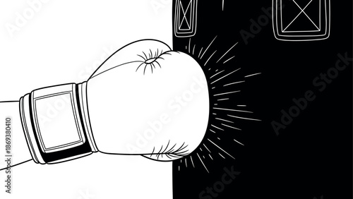 Punching glove strikes punching bag: dynamic black and white action