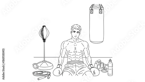Boxer resting in gym with training equipment: punching bag, gloves, jump rope in linear art