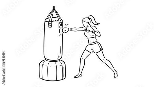 Female boxer training with punching bag in dynamic linear style