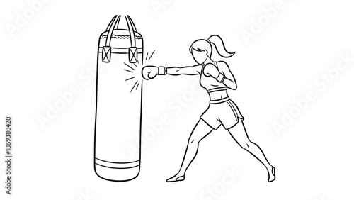 Female boxer practicing punch on heavy bag in line art style