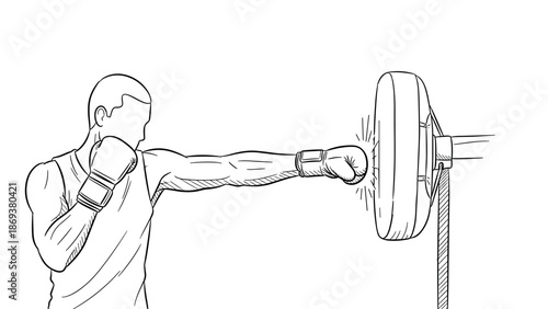 Boxer in mid-punch practicing with focus mitts in dynamic outline style