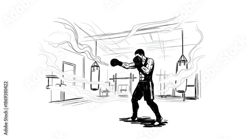 Dynamic boxing scene with fighter in modern gym setting
