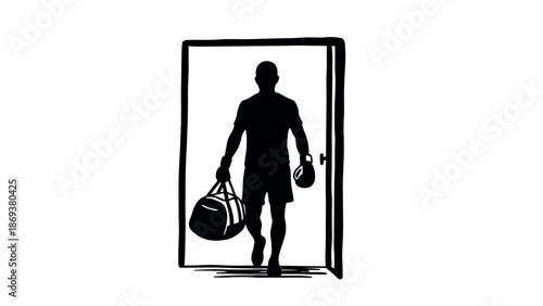 Silhouette of a person entering a room with a bag
