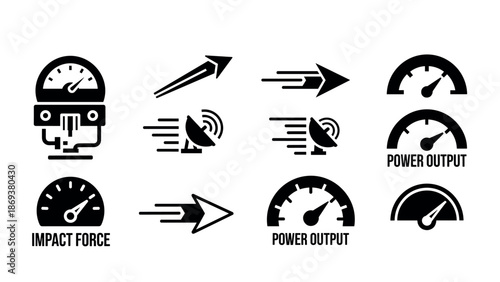 Set of simple meter and arrow icons for performance and speed measurement