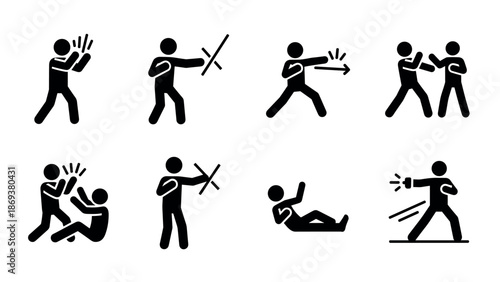 Self defense techniques icon set: pictogram martial arts moves for personal safety