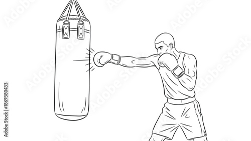 Boxer training with punching bag in dynamic linear style illustration